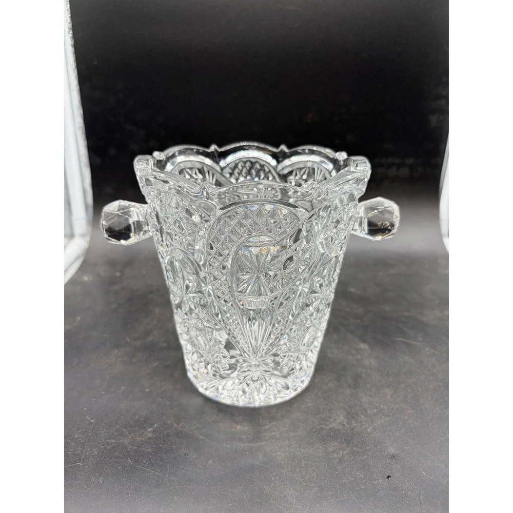 Vintage Cut Crystal Ice Bucket Pinwheel Starburst Scalloped Rim Glass Handles‎